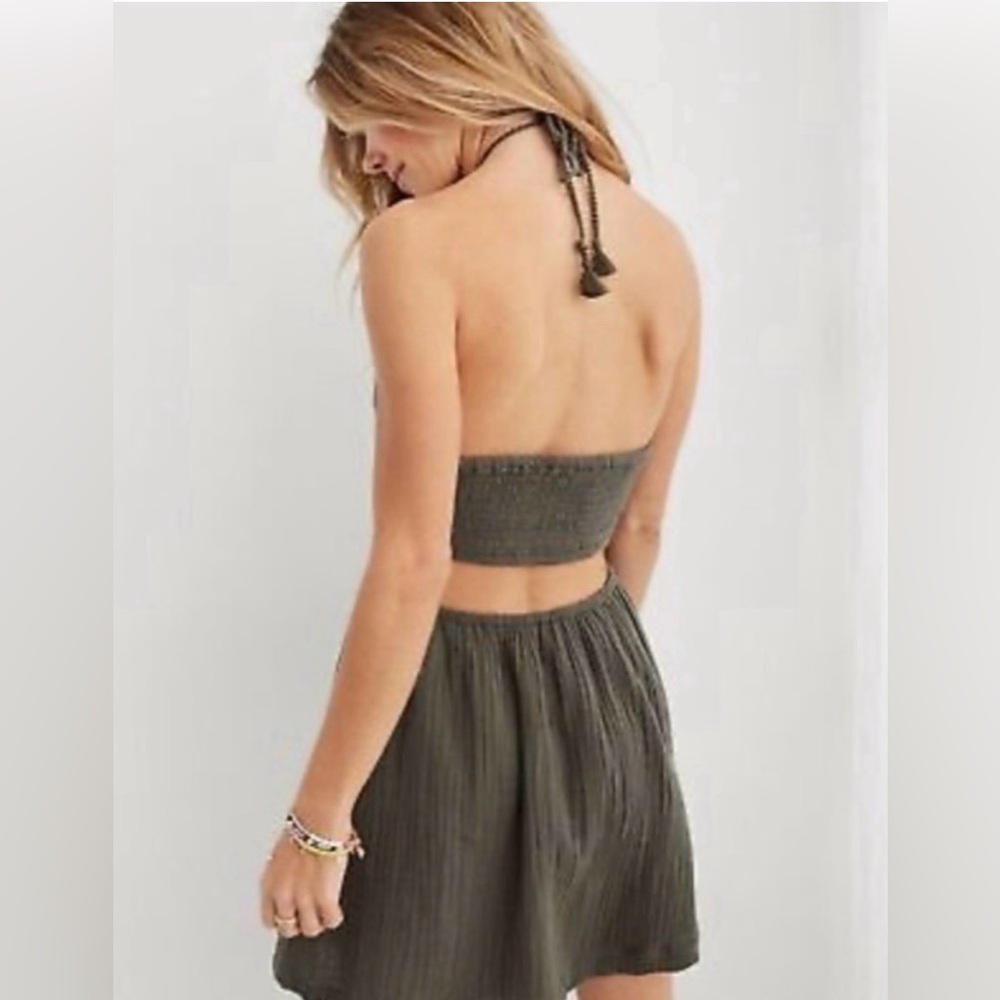 Aerie Green Pool-to-Party Crochet Halter Mini Dress, Size Small - Picture 2 of 11